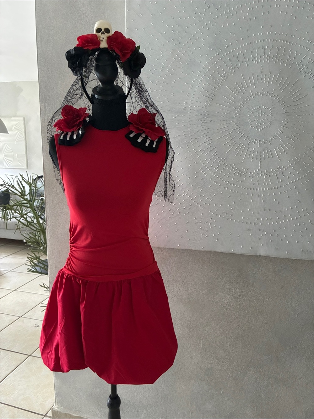 Día de los Muertos, Red Katrina Gloves, Headband and Girl Red Dress